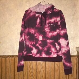 Cream & Burgundy tie-dyed champion hoodie (m)